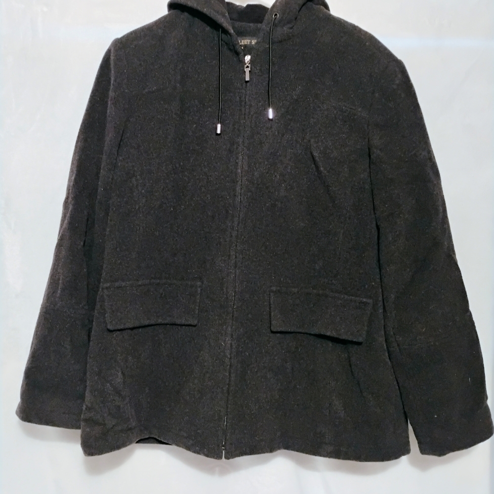 Fleet Street Wool Black Womens Hooded Coat Sz Large Wool Blend Full Zip Pockets‎